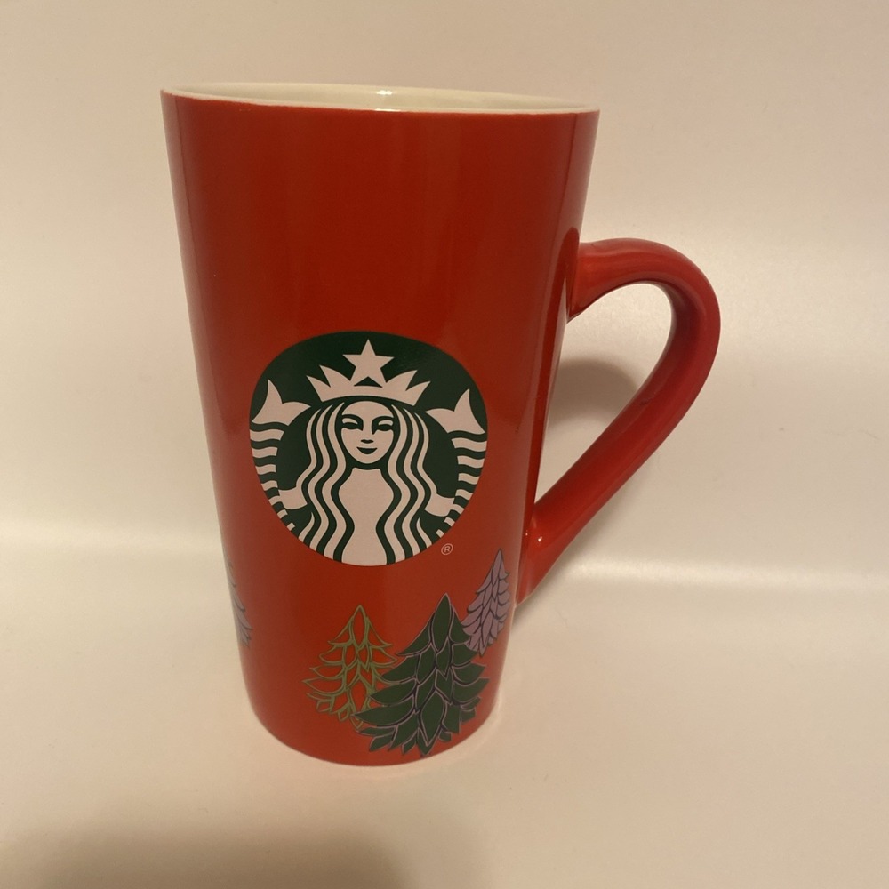 Starbucks Red Tall Ceramic Mug 16oz Christmas Trees New Condition
